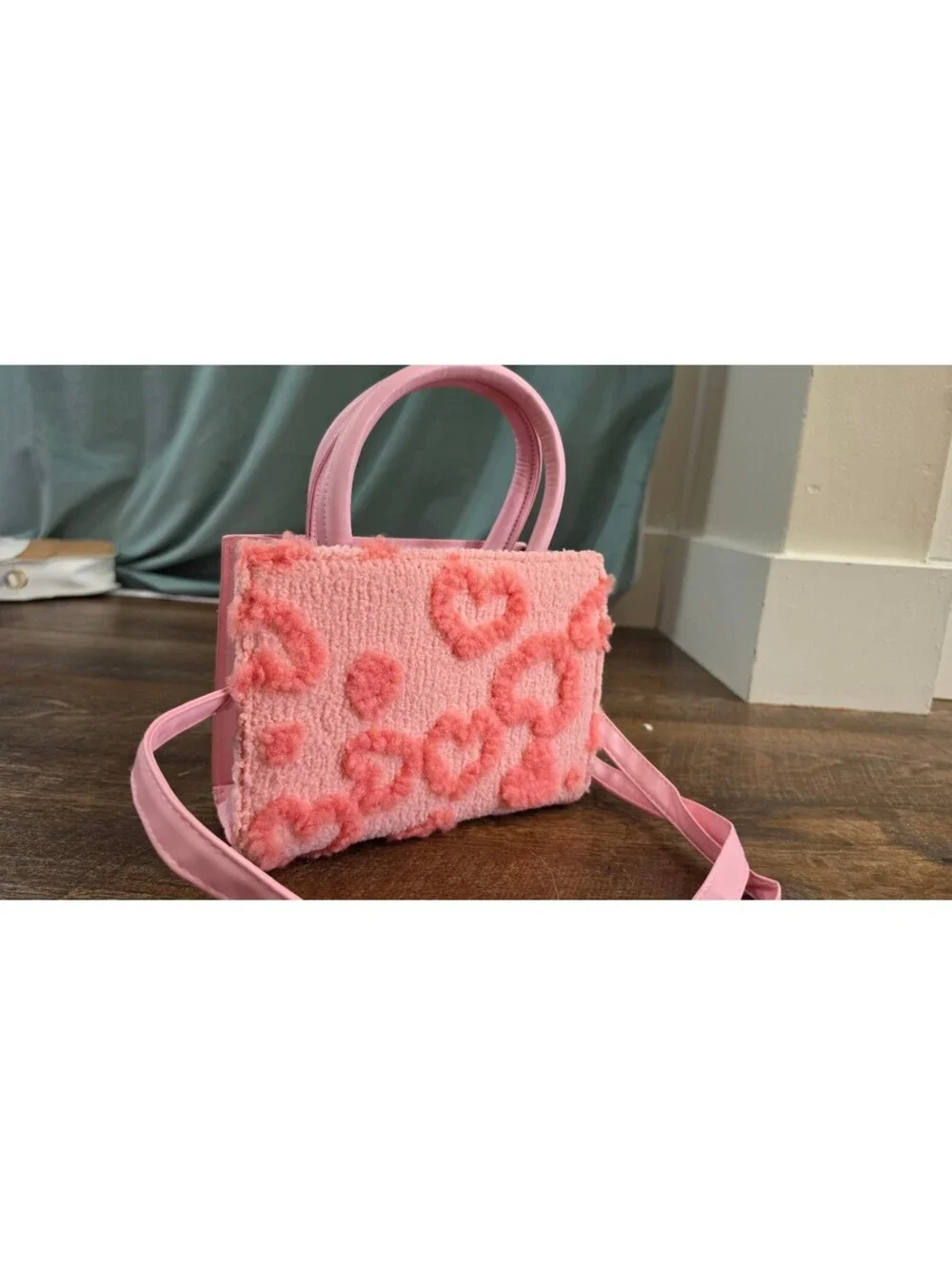 Pink Faux Shearling Heart Pattern Crossbody Bag with Top Handles